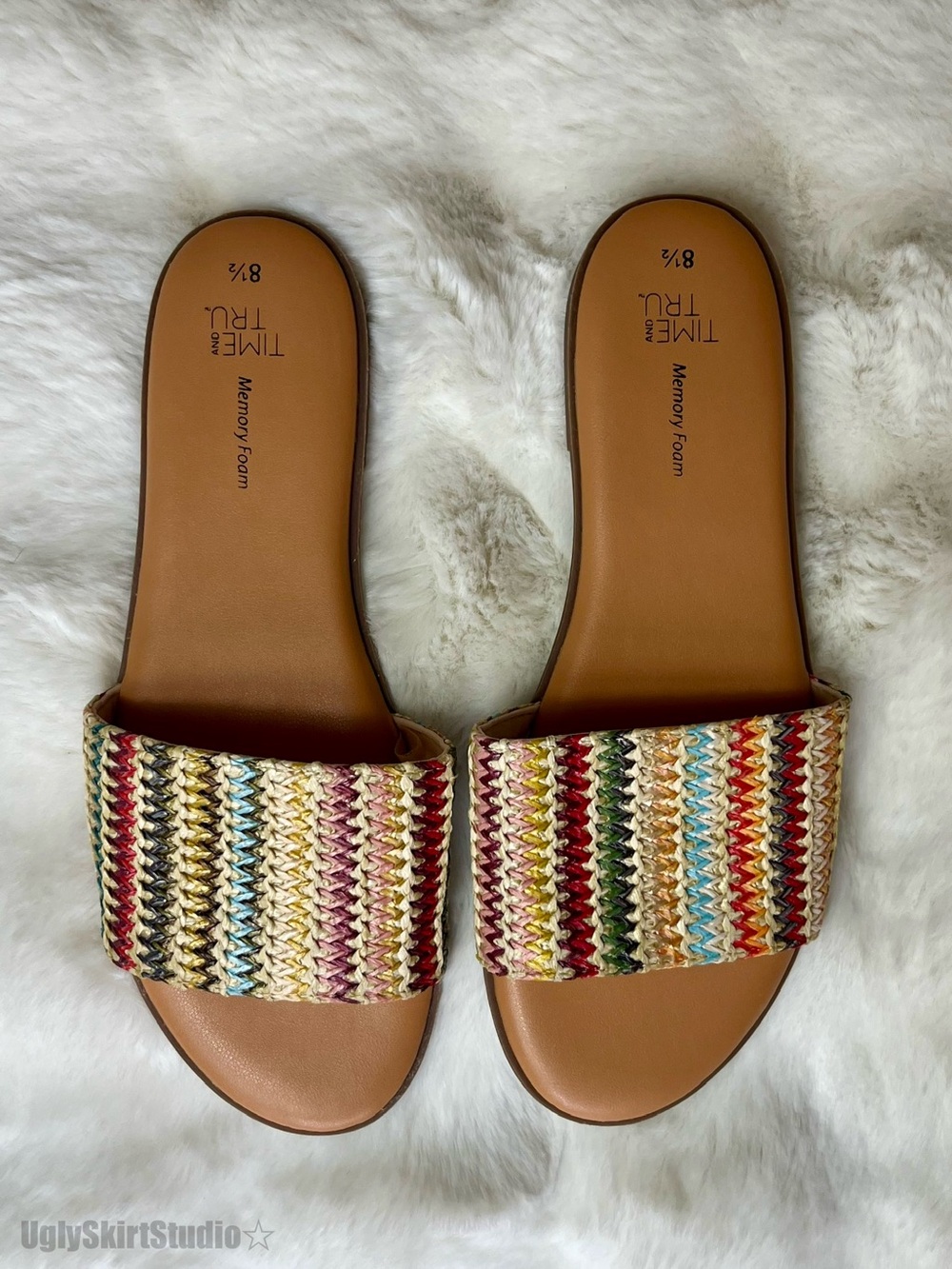 Time and Tru Multicolored Woven Memory Foam Slide Sandals Size 8.5